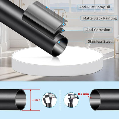Tension Curtain Rod 34-120In(3-10Ft) with 2 Rod Holders, No Drilling Never Rust Long Shower Curtain Rod, Adjustable Spring Curtain Rod for Large Window or Outdoor Patio, Stainless steel, Matte Black