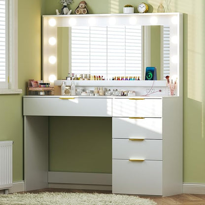 Makeup Vanity Desk with Lights & Large Mirror, 39.3in Vanity Desk with Mirror and Lights, 3 Lighting Color Adjustable, 5 Drawers, for Bedroom