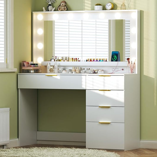 Makeup Vanity Desk with Lights & Large Mirror, 39.3in Vanity Desk with Mirror and Lights, 3 Lighting Color Adjustable, 5 Drawers, for Bedroom
