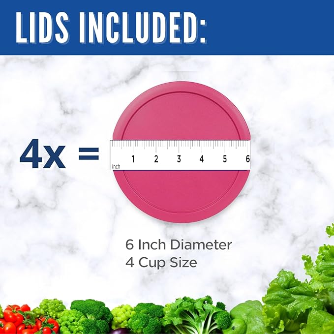 Replacement Lids fits Pyrex 4-Cup Glass Food Storage Container Bowls, 6-Inch Plastic Round Lids Covers for Pyrex 7201-PC, Airtight & Leakproof (4-Pack, Fuchsia)
