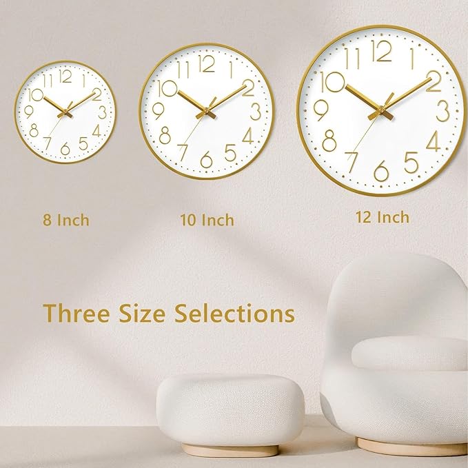 DAXSMY Wall Clock - 10 Inch Silent Non-Ticking Modern 3D Wall Clocks Battery Operated - Decorative Clock for Kitchen, Home Office, Bathroom, Bedroom(Gold)