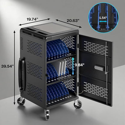 4 Pack | Fully Assembled 30 Bay Multi Device Charging Station for Chromebook,iPad,14'' Laptop,Pre Built Computer Charging Cart with Charger Cable Management,Circuit Breaker,Grounding Protection(Black)