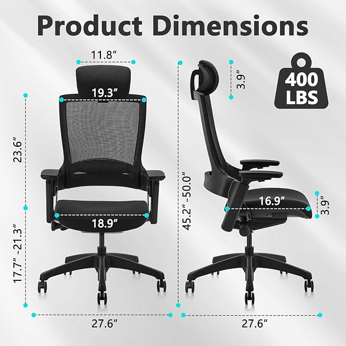CLATINA Ergonomic High Swivel Executive Chair with Adjustable Height Head 3D Arm Rest Lumbar Support and Upholstered Back for Home Office Black Mesh 2 Pack