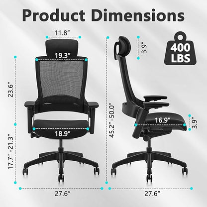 CLATINA Ergonomic High Swivel Executive Chair with Adjustable Height Head 3D Arm Rest Lumbar Support and Upholstered Back for Home Office Black Mesh 2 Pack