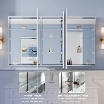 WELLFOR 64" x 36" Bathroom Medicine Cabinet with Mirror, Anodized Chrome Aluminum Frame, Surface Mount or Recessed Medicine Cabinet with Mirror, Bathroom Mirror with Storage, Three Doors