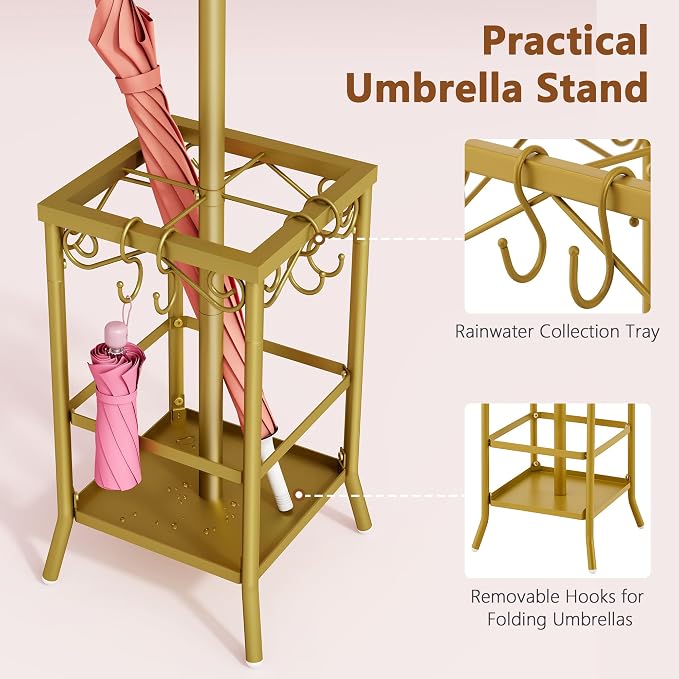 Hoctieon Coat Rack Freestanding, Coat Tree with Umbrella Holder, Metal Coat Rack Stand with 12 Hooks, Standing Coat Hanger Stand, Umbrella Stand for Entryway, Hat Rack Stand for Home Office, Gold