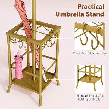 Hoctieon Coat Rack Freestanding, Coat Tree with Umbrella Holder, Metal Coat Rack Stand with 12 Hooks, Standing Coat Hanger Stand, Umbrella Stand for Entryway, Hat Rack Stand for Home Office, Gold