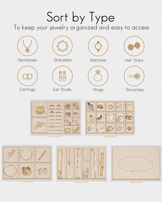 VLANDO 5 Layer Jewelry Box for Women, Glass Lid Jewelry Organizer with 5 Drawers for Necklaces Rings Earrings Bracelets - Light Pink