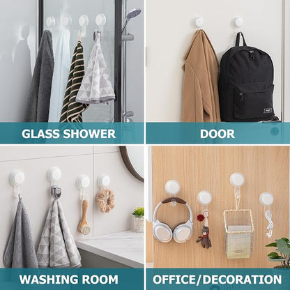 TAILI 4 Pack Powerful Suction Cup Shower Hooks for Towel, Loofah, 360° Rotatable Damage-free Hanging Versatile Wall Hooks for Inside Bathroom, Decoration, Removable Suction Holders, Easy to Use, Clear
