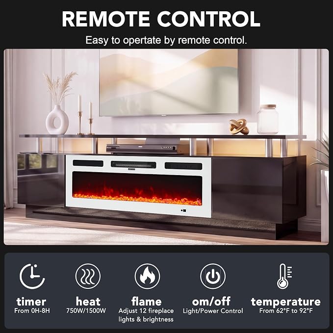 90" TV Stand for Living Room, Large Entertainment Center & Media Console, Fits TVs up to 100", Storage Cabinet with Shelves, 50" Electric Fireplace, Black & White
