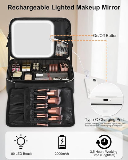 Chomeiu Makeup Bag with LED Mirror, Large Travel Cosmetic Train Case for Women, Makeup Artists Large Organizer Box with Vanity Light Up Mirror, 3 Color Lights, Adjustable Dividers (Black)