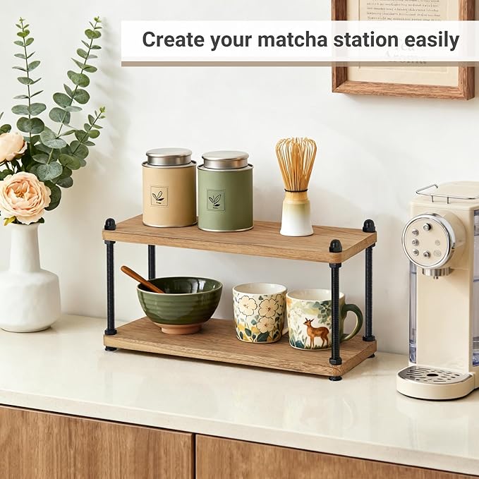 Mkono Coffee Station Organizer Wooden Mug Holder for Countertop Cup and Mug Shelf for Coffee Bar Accessories Rustic Matcha Stand 2 Tier Storage and Display Rack for Tea Cups Kitchen Office