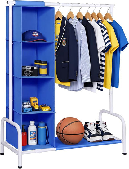 Univivi Kids Dress Up Rack with Hanging Organizer, Child Dress Up Storage for Hanging Clothes, Dance Costume Garment Rack for Baby Clothes, Dance Costumes, Blue/White