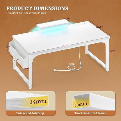 Computer Desk with Power Outlets & 0.95 inch Thicker Desktop, Gaming Desk with Monitor Stand & LED Light & Storage Bag, White Writing Desk for Home Office, Study, Bedroom, White