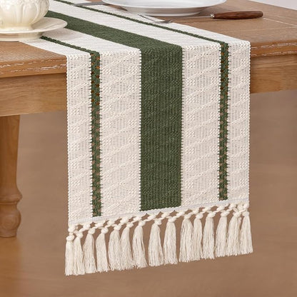 Socomi Boho Table Runner Valentine's Day Farmhouse Rustic Dining Kitchen Centerpiece Decor Small Macrame Woven Cotton Linen Coffee Table Runner for Dresser Scarf Home Decor 12x60 inch Olive Green