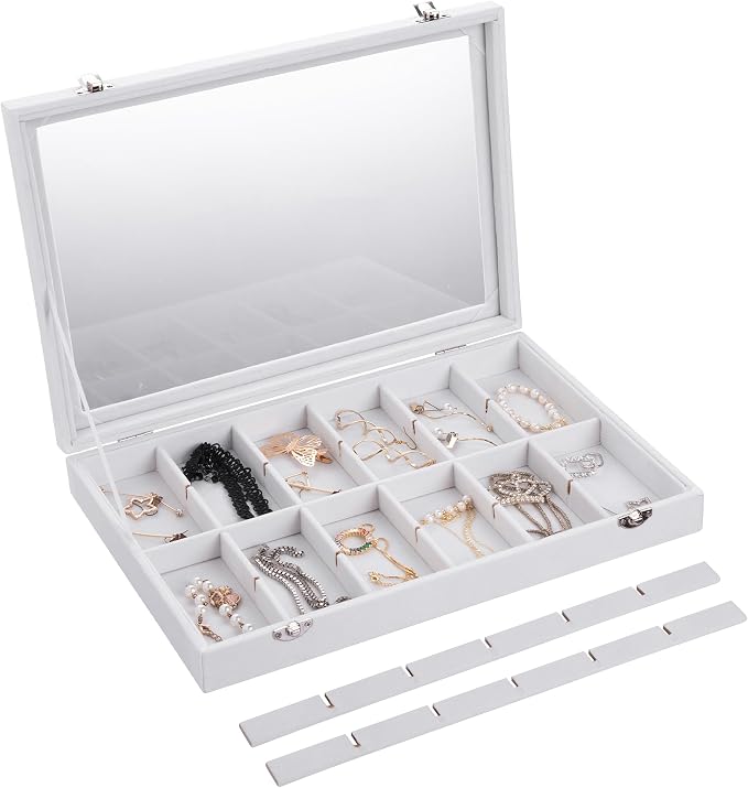 Frebeauty Velvet Jewelry Tray,24 Grid Jewelry Organizer with Clear Lid,Earring Holder Organizer with Clasp,Drawer Insert Rings Pendants Brooches,13.8 x 9.5 x 2 Inches,Gift for Women Girls(White)