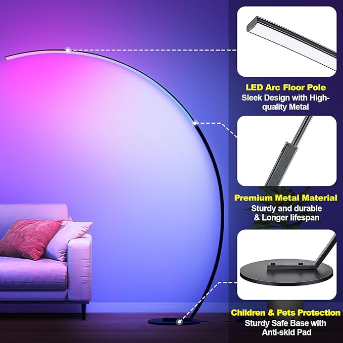 RGB Floor Lamp with 3 Color Temperatures, Ultra Bright 1800LM Smart Arc LED Floor Lamp with Remote Control, Music Sync, Scene Modes, Modern Standing Tall Lamp for Bedroom Living Room Gaming Rooms