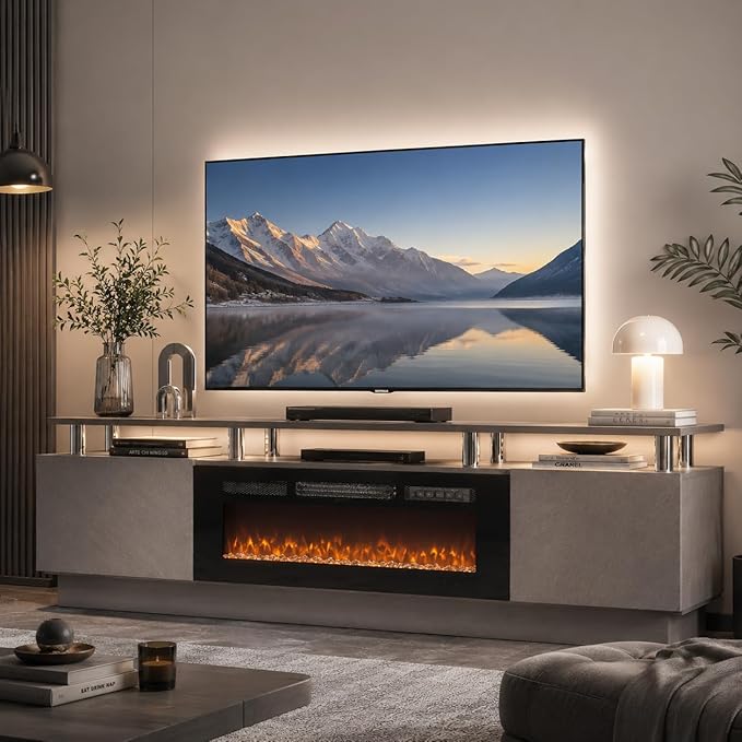 80" TV Stand & Entertainment Center, Media Console with Storage Cabinet, Fits TVs up to 90", Modern Living Room Furniture, 36" Electric Fireplace (Grey+Black)