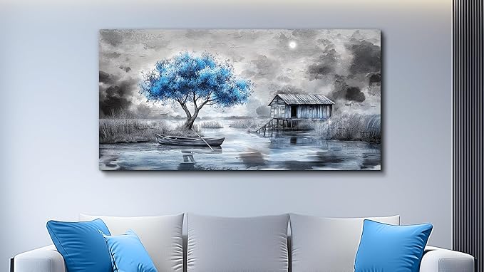 QIYILEXWART Large Wall Decor For Living Room Stretched And Framed Canvas Wall Art For Office Wall Decorations For Bedroom The Blue Tree Paintings The Hut Picture Artwork Home Decor Ready To Hang