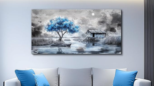 QIYILEXWART Large Wall Decor For Living Room Stretched And Framed Canvas Wall Art For Office Wall Decorations For Bedroom The Blue Tree Paintings The Hut Picture Artwork Home Decor Ready To Hang