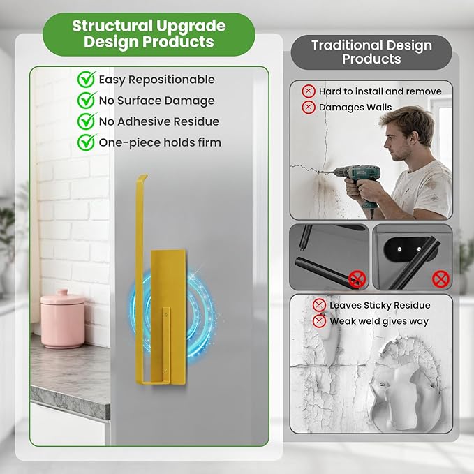 Gold Paper Towel Holder, Magnetic Paper Towel Holder for Fridge, Toilet Paper Roll Holder Magnet Towel Rack Wall Mount Fridge Organizer for Paper Towels Rolls Bathroom Pantry RV Kitchen Storage Golden