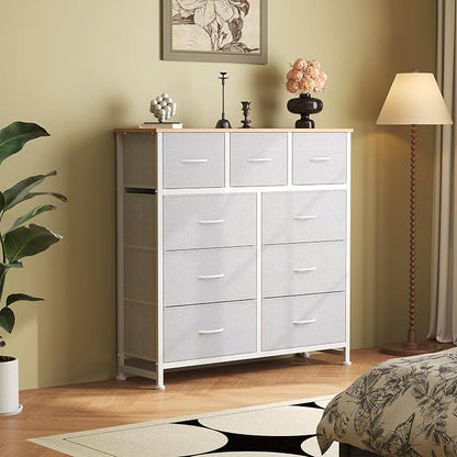 OLIXIS 9 Drawer Storage Dresser with Wood Top - Wide Fabric Chest Organizer for Bedroom, Closet, Living Room,Tower Cabinet, TV Stand, Hallway Entryway Furniture,Light Grey