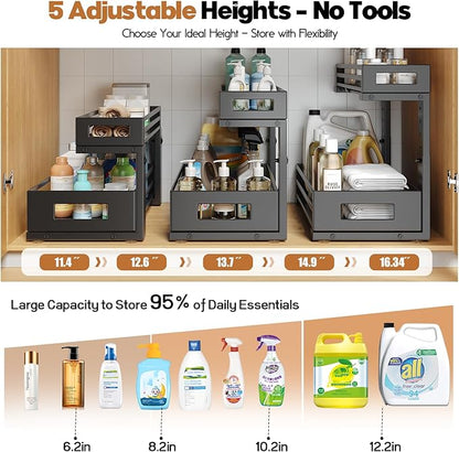 2-Pack Under Sink Organizer and Storage,2-Tier L Shape Pull Out Cabinet Organizer With Round Tube Slide Rails,Hight Adjustable Slide Out Drawers for Kitchen&Bathroom,Multi-Purpose Shelf-Black