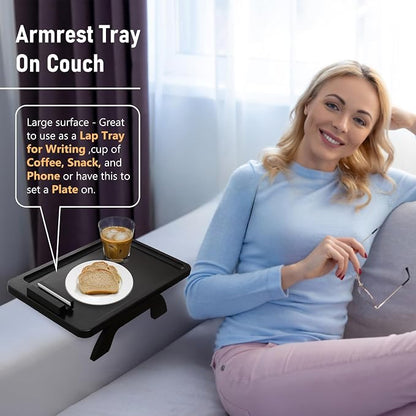 SINWANT Couch Arm Table, Bamboo Sofa Clip On Side Table Tray,Foldable Sofa Arm Tray with 360° Phone Holder for Eating Drinking Snacks Remote on Couch Armrest