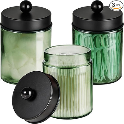 3 Pack Apothecary Jar Canisters Bathroom Vanity Organizer - Qtip Holder Storage Organizer Set Countertop Canister with Stainless Steel Lids &Cute Stickers for Qtips,Cotton Swabs,Makeup Sponges,Floss