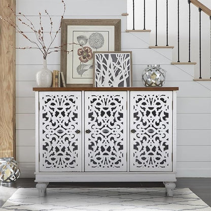 Sophia & William Sideboard and Buffet with Storage, 3-Door Hollow-Carved Accent Cabinet, Distressed Wood Storage Cabinet Cupboard for Kitchen, Dining Room, Living Room, Entryway, White