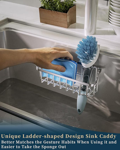 Consumest Sponge Holder Sink Caddy - Ladder Shaped Sponge Holder for Kitchen Sink with 2 Installation Ways (Suction Cups & Adhesive Hook), Rustproof Stainless Steel Kitchen Organizer, Silver