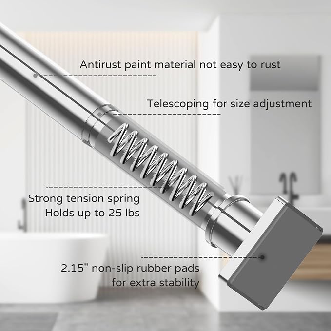 UIOSANRT Stainless Silver Shower Curtain Rod 31-79 Inches Non-Slip Shower Rod Tension Mounted No Drill Shower Curtain Rods Spring Tension Rod Adjustable Tension Curtain Rod for Windows Bathroom