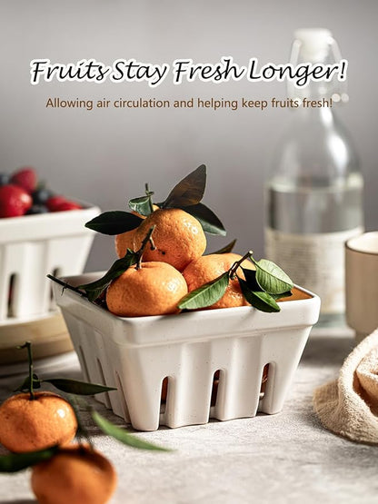 Gomakren Fruit Bowl with Holes, Ceramic Berry Basket Set of 2, 5.7 Inch Square Fruit Basket for Kitchen Counter, Rustic Berry Containers, Farmhouse Kitchen Decor - Cream White