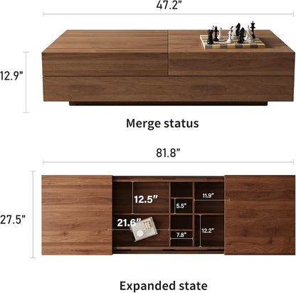Mid-Century Modern Farmhouse 47.2-81.8" Expandable Coffee Table，Adjustable Center Table with Large Storage for Living Room, Walnut