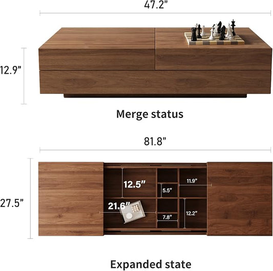 Mid-Century Modern Farmhouse 47.2-81.8" Expandable Coffee Table，Adjustable Center Table with Large Storage for Living Room, Walnut