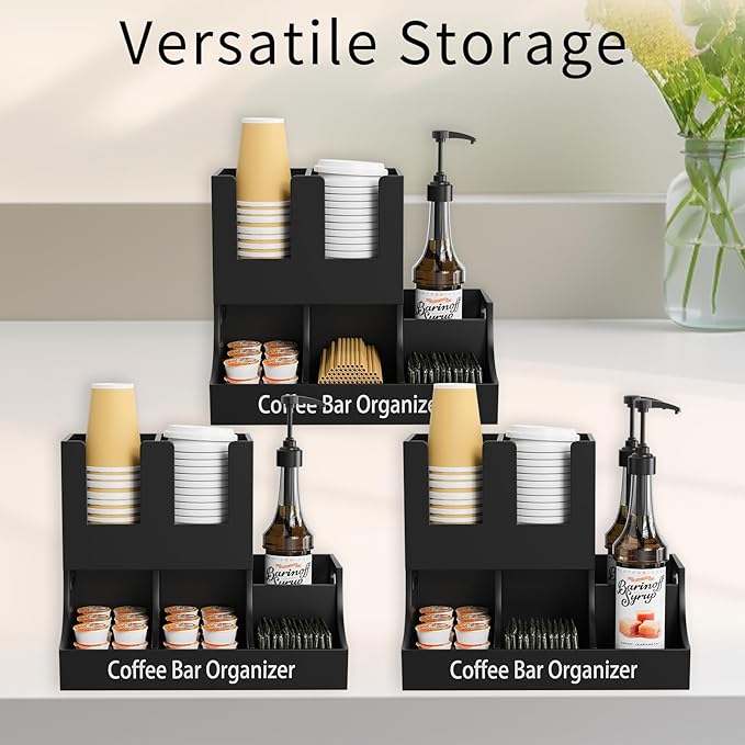 Coffee Station Organizer, Wooden Coffee Bar Organizer for Countertop, Condiment and Cup Storage Organizer, Bar Accessories for Kitchen, Office, Home, Small Black