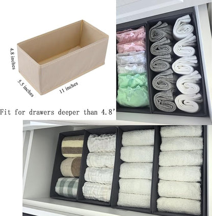 Bructhun Sock Drawer Organizer 3 Pack - Collapsible Fabric Storage Bins for Underwear Divider, Small Closet Organizers with 3 Compartments, Beige