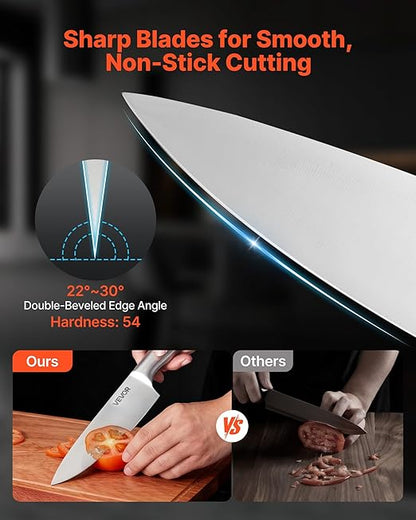 VEVOR Kitchen Knife Set with Block and Sharpener, 15 Piece German High Carbon Stainless Steel Sharp Knife Set, Kitchen Cutlery with Ergonomic Handle, Sharpening Rod and Wooden Block, for Home Cooks