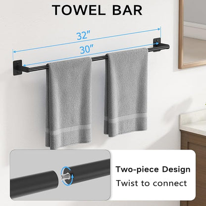 KLJKPA 4 Pieces Bathroom Hardware Set, 32 inch Towel Bar, Matte Black Bathroom Accessories Set, Towel Racks for Bathroom, Robe Towel Hooks, Toilet Paper Holder Wall Mounted