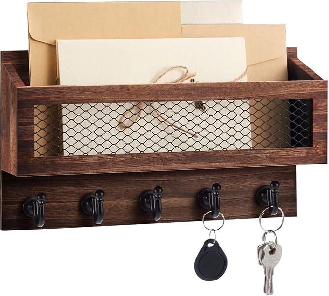 Magnetic Mail and Key Holder for Wall Fridge Wooden Mail Organizer with 5 Key Hooks for Home Bedroom Fridge Kitchen Decorative(Brown)
