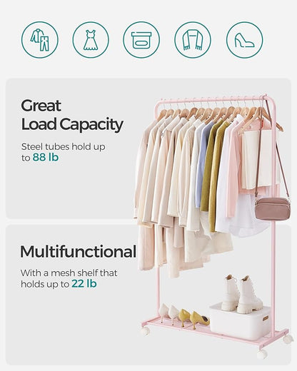 SONGMICS Clothes Rack with Wheels, Clothing Rack for Hanging Clothes, 25.4mm Metal Garment Rack with Dense Mesh Storage Shelf, 110 lb Load Capacity, 2 Brakes, Pink UHSR025P01
