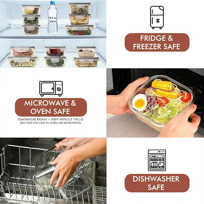 Razab 24 Pc Airtight Glass Food Storage Containers - Glass Meal Prep Containers - Freezer to Oven Safe - Steam Release Valve BPA Free - Airtight Bento Boxes - Leak Proof (12 lids & 12 Containers)