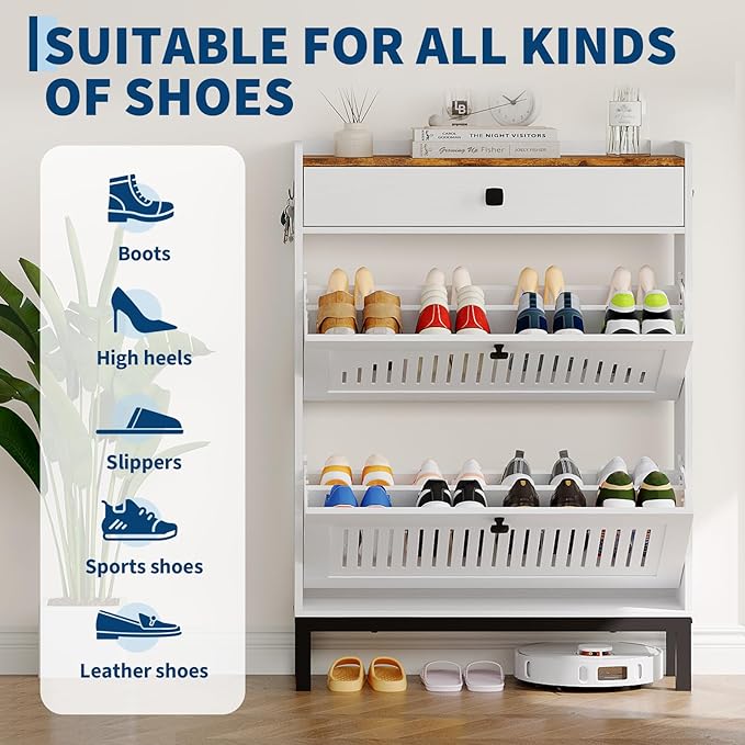 Garvee 2 Flip Drawer Shoe Cabinet with Adjustable Shelves, Hidden Shoe Organizer with Top Drawer, Freestanding Wooden Shoe Rack for Entryway, Hallway, Living Room, White