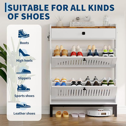 Garvee 4 Flip Drawer Shoe Cabinet with Adjustable Shelves, Hidden Shoe Organizer with Large Capacity, Freestanding Wooden Shoe Rack for Entryway, Hallway, Living Room, White