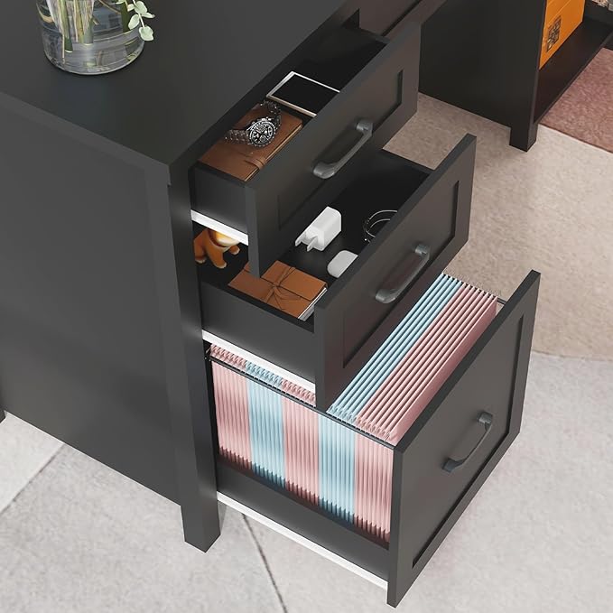 Farmhouse 61'' Executive Desk with 5 Drawers, Rustic Office Desk Computer Desk with Charging Station, File Drawers and Storage Cabinet, Wood Workstation for Study and Home Office,(Pure Black.)