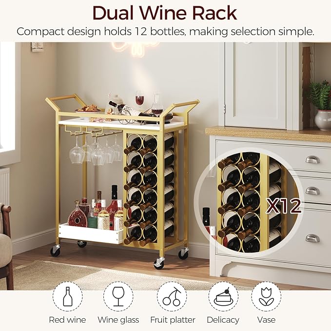Bar Cart for Home, Gold Bar Cart with Wine Rack, Drink Cart with Wheels, Rolling Wine Cart with Glass Holder, Serving Cart for Kitchen, Gold and White RCJW18101