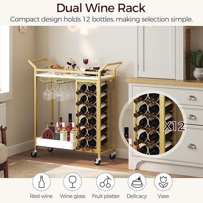 Bar Cart for Home, Gold Bar Cart with Wine Rack, Drink Cart with Wheels, Rolling Wine Cart with Glass Holder, Serving Cart for Kitchen, Gold and White RCJW18101