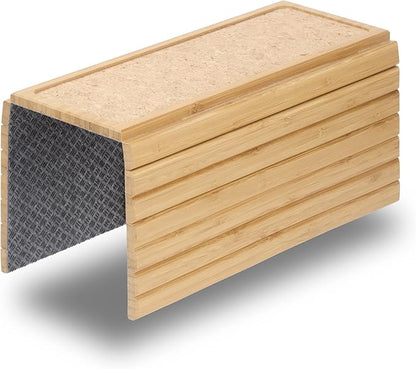DETOR Sofa Arm Tray with Grained Cork Pad, Natural Bamboo Finish, Enhanced Non-Slip Bottom, Sturdy Bamboo Slats, Fits Armrests 4.6" and Wider
