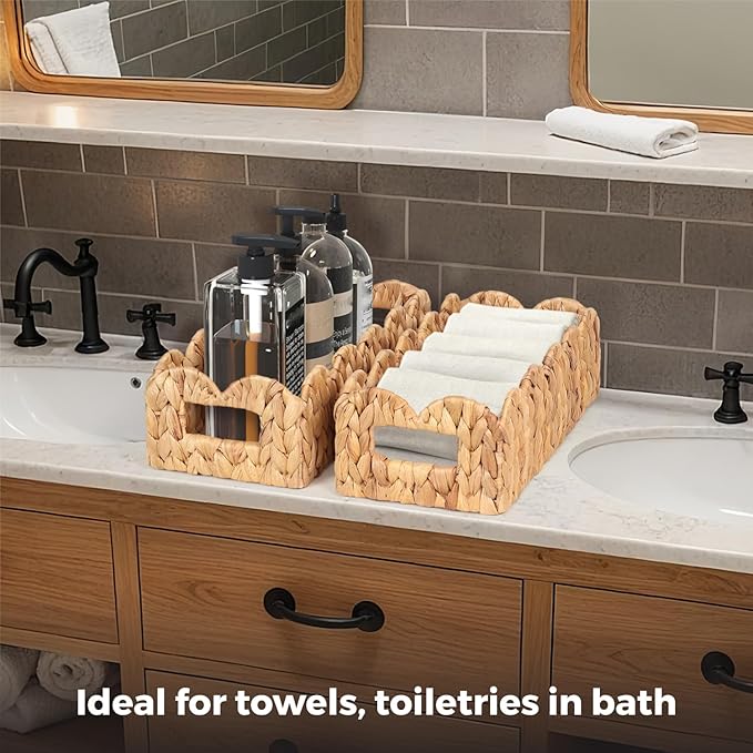 2Pcs Toilet Tank Basket for Bathroom, Handwoven Water Hyacinth Scalloped Countertop Storage Basket, Scalloped Edge Wicker rectangle Basket for Toilet Paper Baskets, Vanity, Entryway or Living Room ...