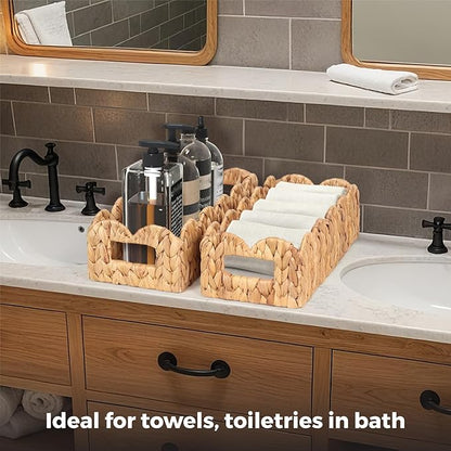 2Pcs Toilet Tank Basket for Bathroom, Handwoven Water Hyacinth Scalloped Countertop Storage Basket, Scalloped Edge Wicker rectangle Basket for Toilet Paper Baskets, Vanity, Entryway or Living Room ...